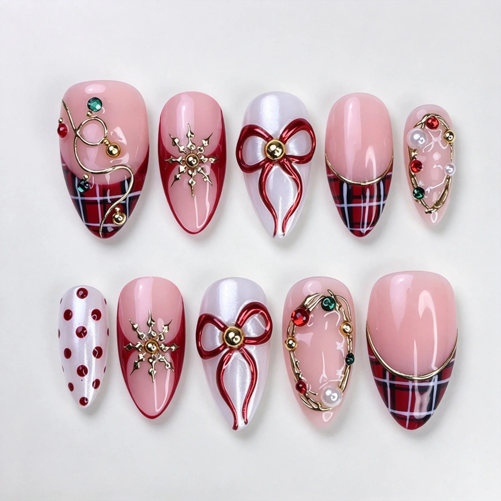 24Pcs Christmas Plaid French Fake Nails Detachable Press on 3D Bow Gilded Decor Nail Snowflake Polka Dot Color Diamond Nails Art
