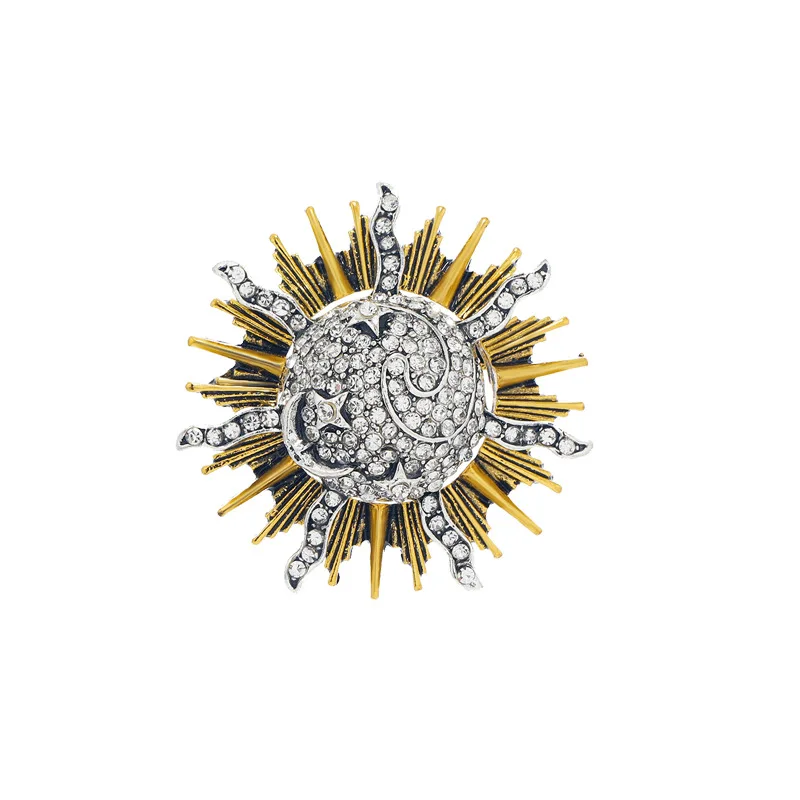 Vintage Frauen Männer Sonne Blume Kristall Klassische Broschen Pins Retro Palace Stil Unisex Mittleren Design Strass Anzug Abzeichen