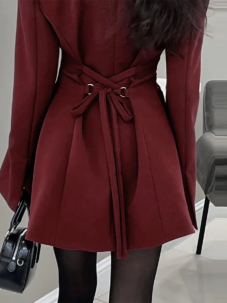 

Chic Pleated Waist-cinching Jacket Women Vintage Lapel Back Lace Up Slim Suit Jackets Coat Female Classic Street Office Outwear