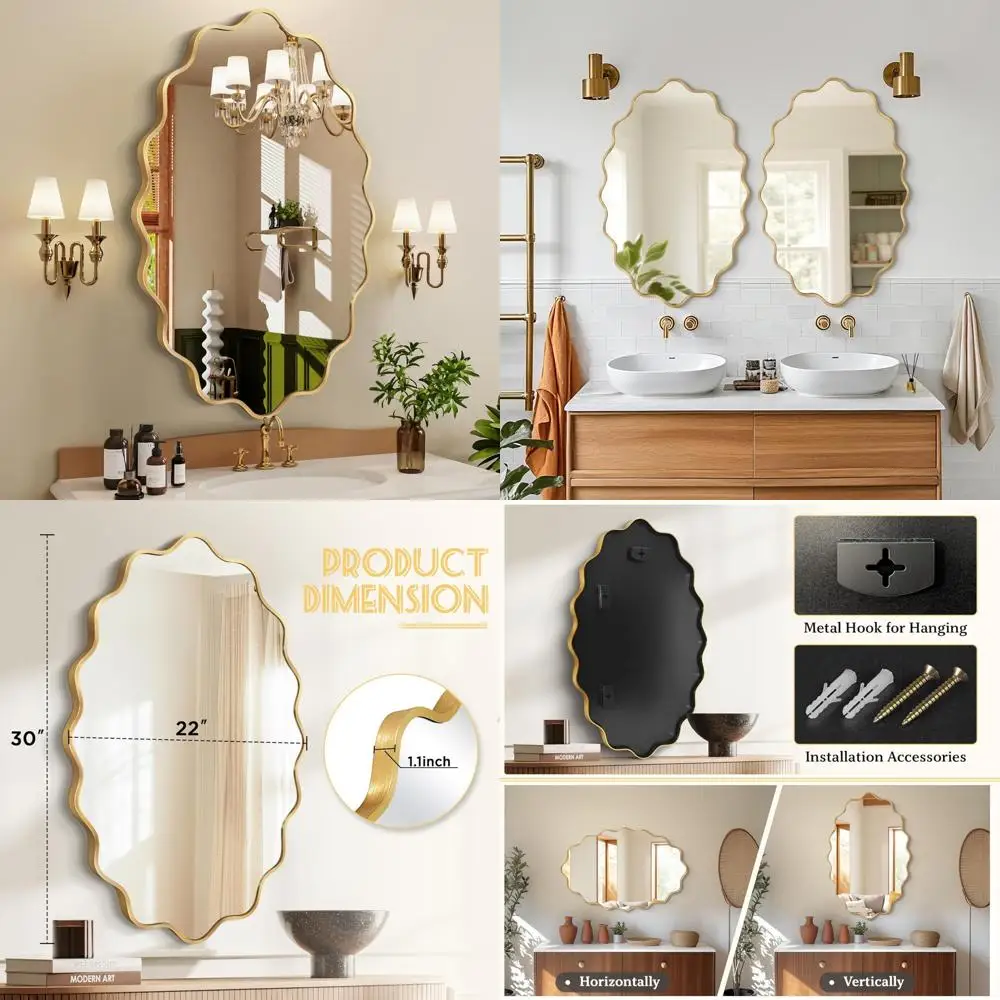 

Золотое овальное настенное зеркало для ванной комнаты - 22x30 дюймов, небьющееся стекло, волнистая рама, декоративные акценты