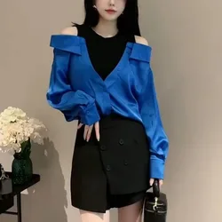 Women Sexy Off Shoulder Patchwork Fake Two Piece Shirts Korean Fashion Elegant Chic Blouses Autumn Casual Long Sleeve Slim Tops