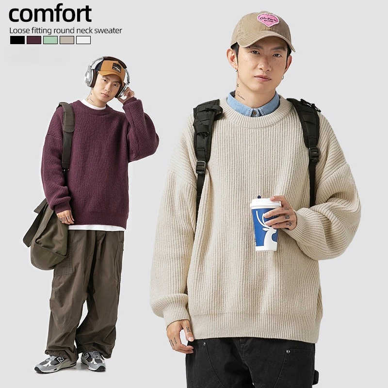 ​Men's Heavyweight Ribbed Knit Sweater -  Thick Textured Fabric  Loose Fit Casual​ Loose Fit Winter Top Pullover