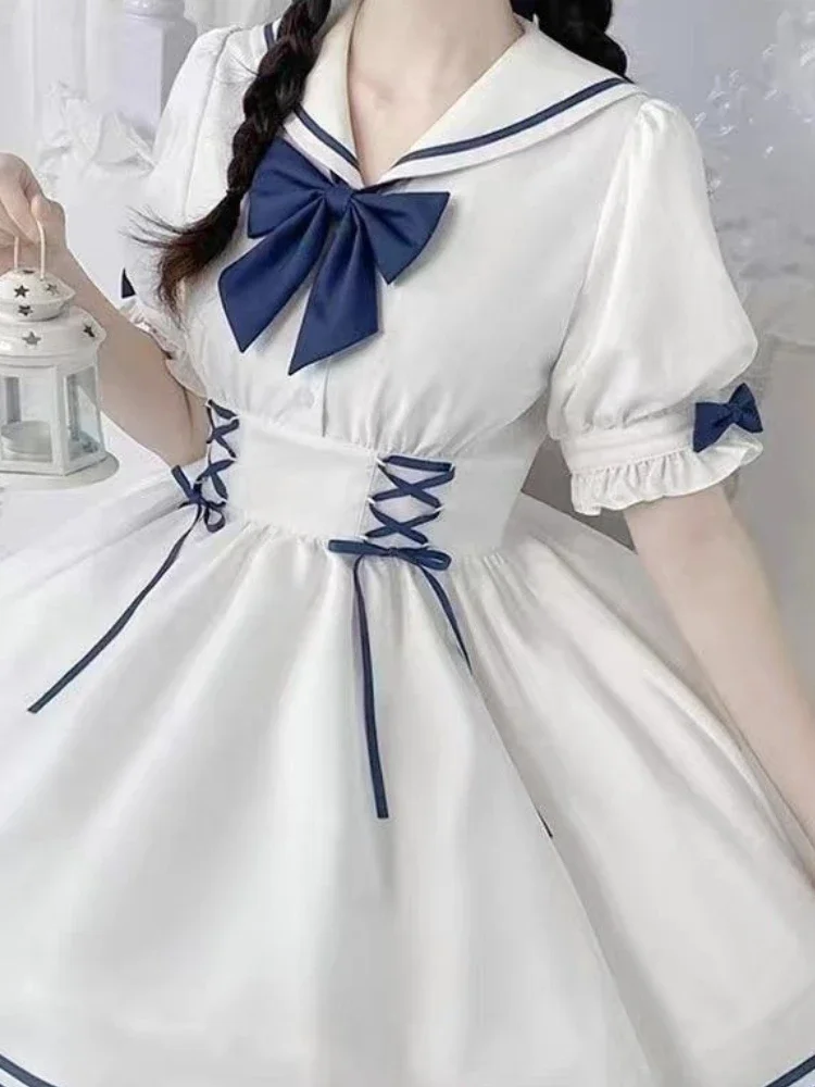 White Japanese Lolita Kawaii Mini Dress Women Bow College Style Sweet Dress Female Naval Leader Korea Elegant Dress Summer 2023