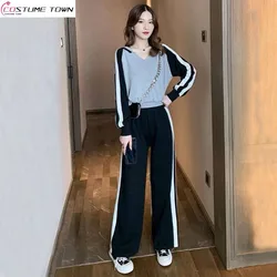 2023 Spring and Autumn New V-neck Hoodie+Loose Wide Leg Pants Two Piece Fashion Age Reducing Leisure Sports Set