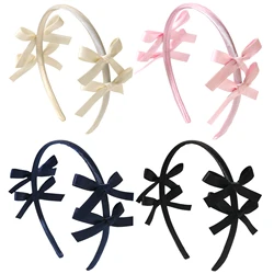 2024 New Elegant Solid Color Double Bowknots Silk Ribbons Hair Hoop for Women Girls Sweet Ballet Style Hairband Hair Accessories