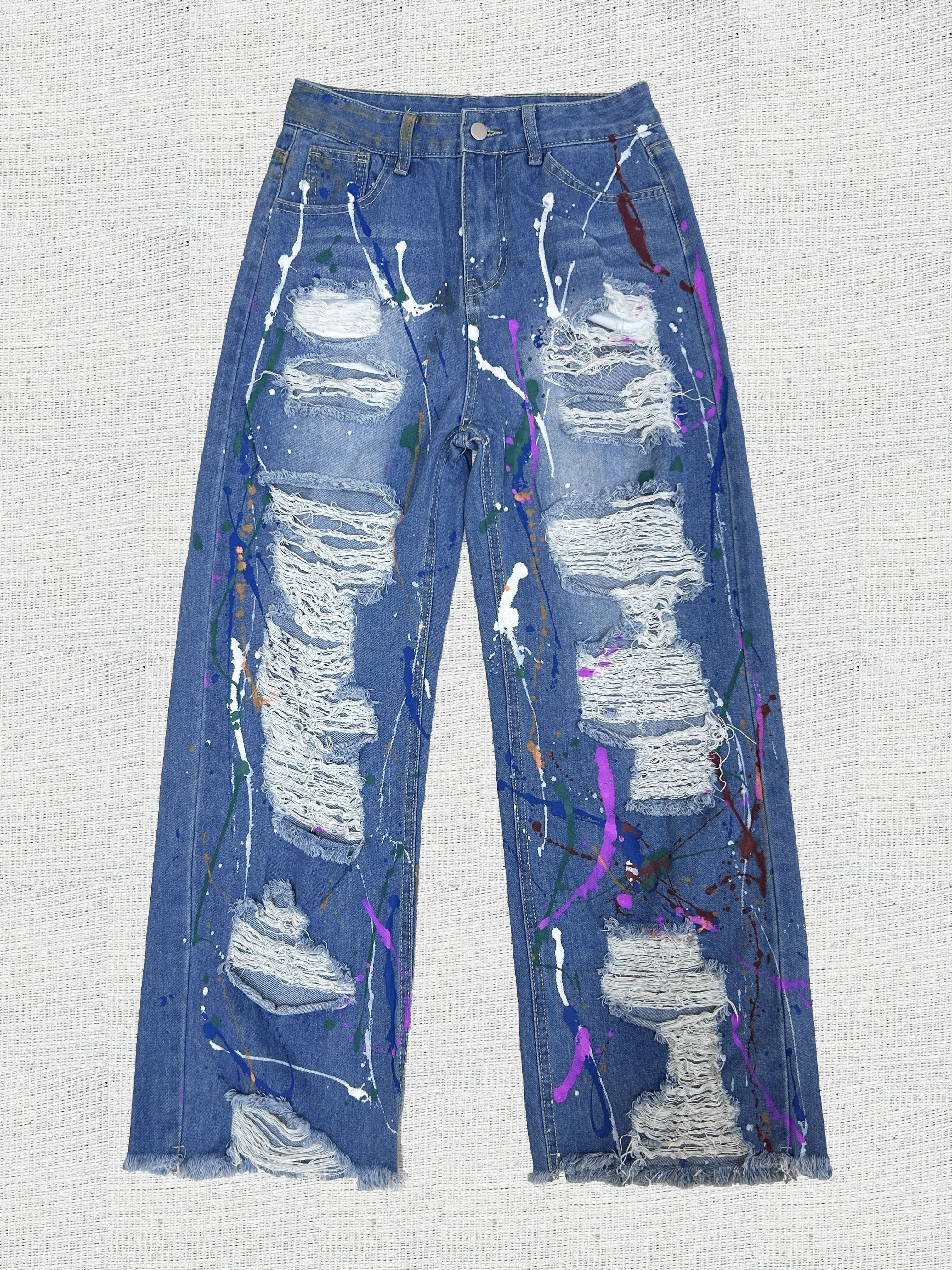 

New streetwear, individual and fashionable graffiti print ripped straight jeans