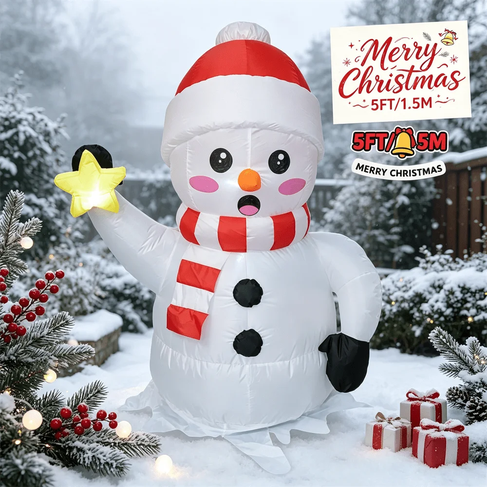 5FT Christmas Inflatable Toy LED Light Up Snowman with Star Santa Hat Striped Scarf Inflatable Outdoor Yard Xmas Decoration