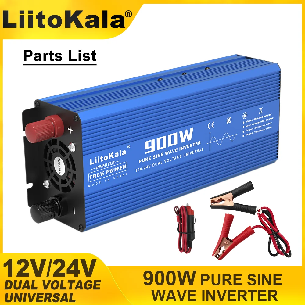 LiitoKala Intelligent 900W/1800W Sine Wave Inverter 12V/24V Input 220V 50Hz Output Multiple Protection Metal Shell