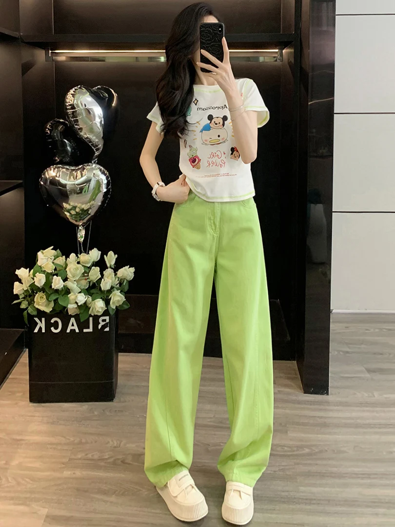 

Fashionable Young-looking 2026 Summer Set Women's Cute Short-sleeved T-shirt Green Wide-leg Jeans Two-piece Set Casual Sports...