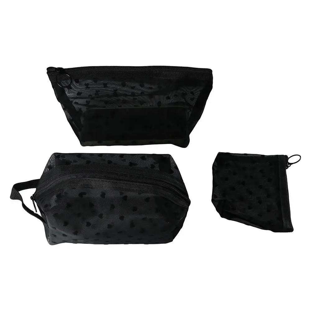Casual Wave Point Love Heart Mesh Makeup Bag Large Capacity Storage Bag Transparent Cosmetic Bag Zipper Toiletry Bag Outdoor