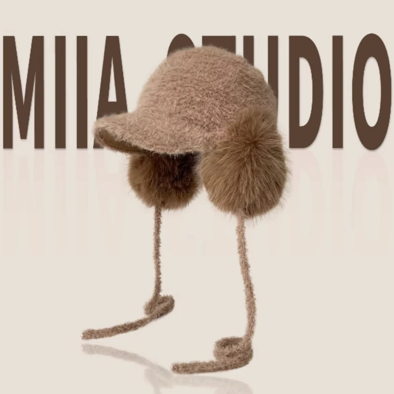 

Корейские однотонные бейсболки из искусственного кроличьего меха для женщин, зимние уличные теплые утолщенные вязаные шапки-бомберы на шнуровке