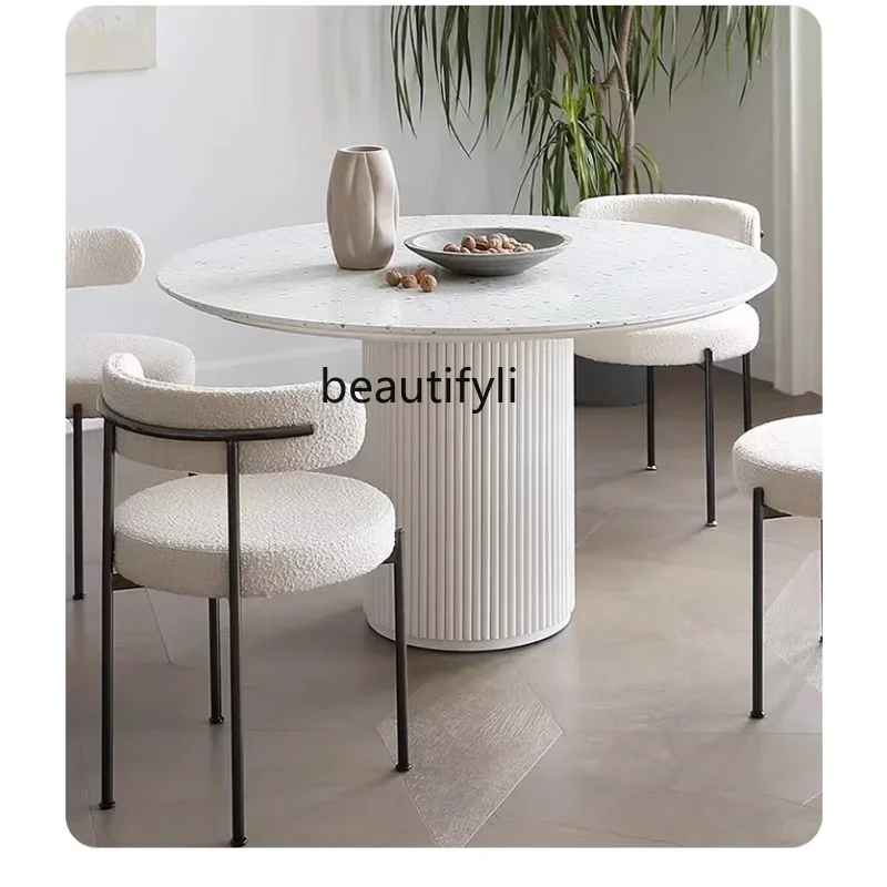 

R1 French Cream Style Simple Modern Stone Plate Roman Column round Table Small Apartment Terrazzo Dining Tables and Chairs Set