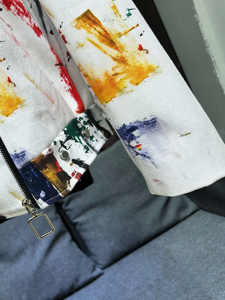 Graffiti Printing Jacket Men\'s Short 2024 New Fashion Splash-Ink Craft Fashion Zipper Motorcycle Jackets Trendy Male Chic Coats