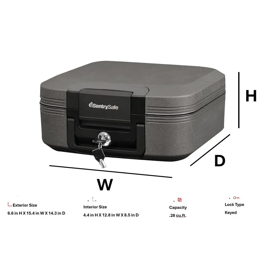 رمادي داكن مقاوم للحريق ومقاوم للماء مع قفل مفتاح، صندوق قفل الصدر مع مقبض حمل للسفر، 0.28 قدم مكعب، 6.6 × 15