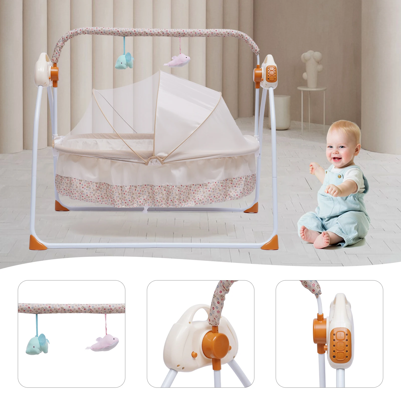 Automatic Rocking Chair Electric Baby Swing Bed Crib Music Cradle Remote control For Babies Aged 0 to 18 Months Khaki