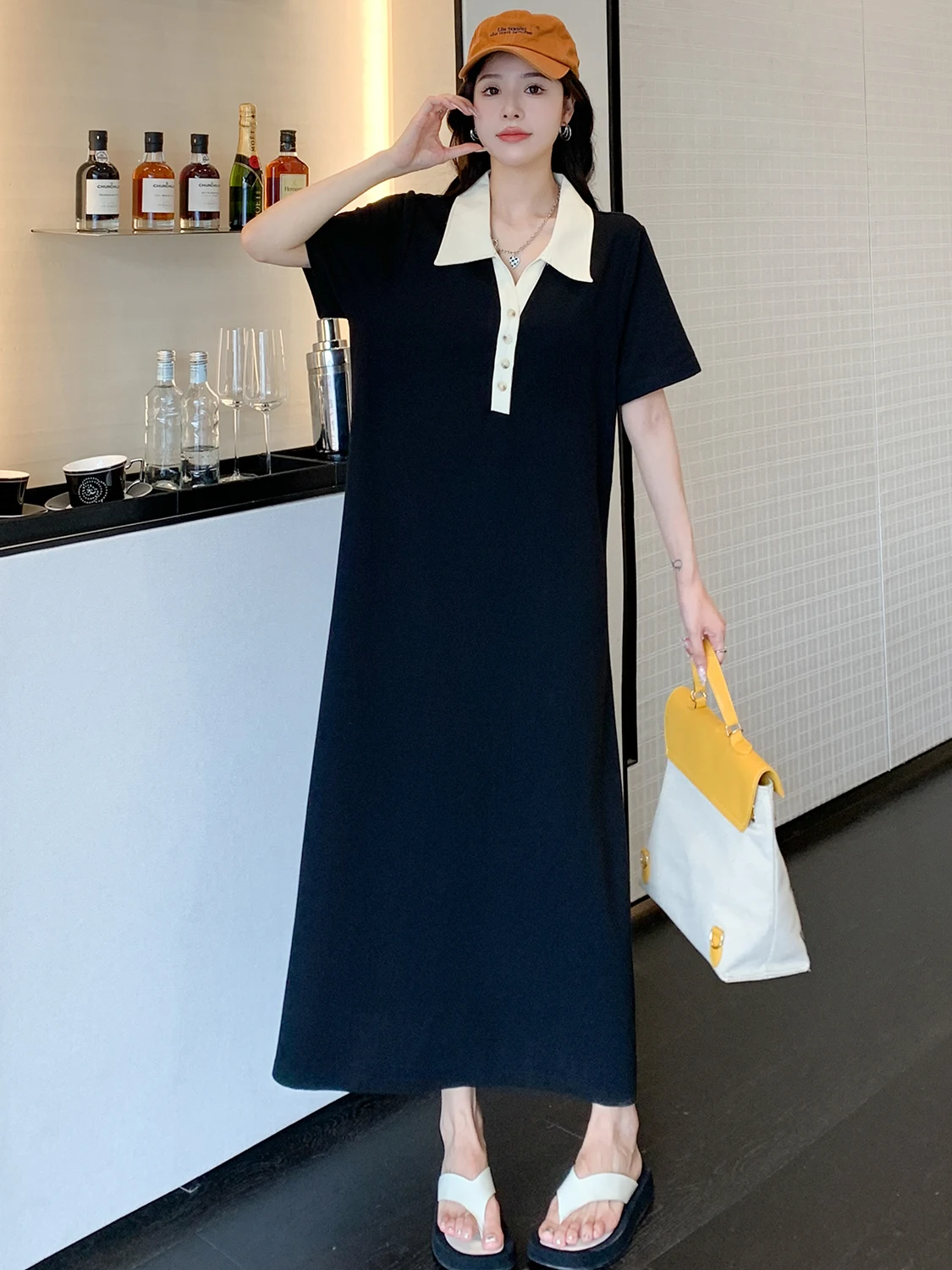 Summer New plus Size Women's Loose Slimming  Collar Long Dress Waist Cinched Short Sleeve Casual Style A-Line Dress