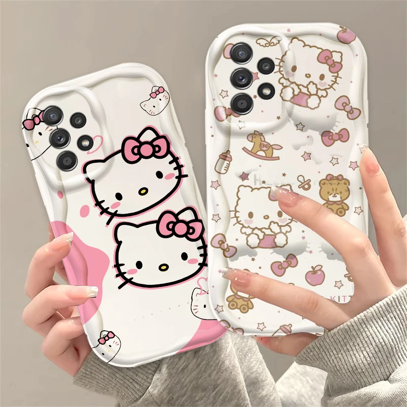 Cute Hello Kitty Cartoon For Samsung A55 A54 A53 A52 A35 A34 A33 A32 A25 A24 A23 A22 A21S A15 5G Wave Oil Cover Phone Case