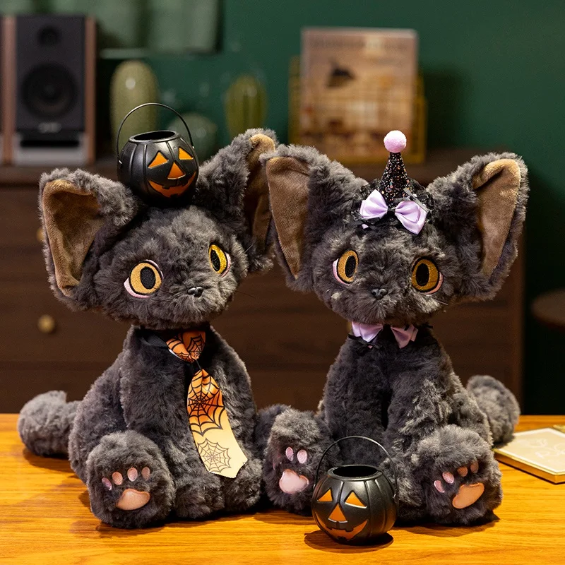 1Pc 30cm Cute  Terrifying Black Cat Dolls Black German Cat Plush Toy with Pumpkin Lantern Magic Hat for Halloween Festival Gift