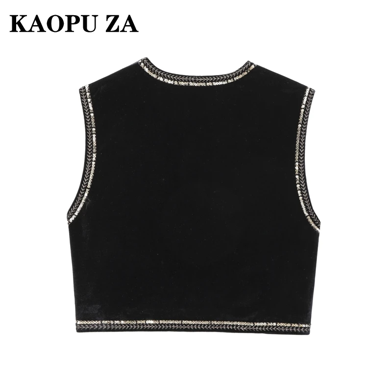 KAOPU ZA 2024 Autumn Woman's Chic V-Collar Waistcoat Gilet Streetwear Lady Sleeveless Top Ruffles Sequins Velvet embroidery Vest