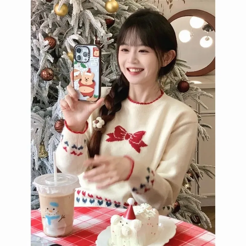 

Fashionable Bow Jacquard Women's Christmas Sweaters Autumn Winter Elegant Slim O-neck Sweet Vintage Knitted Tops