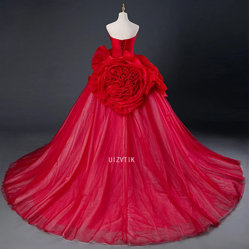 Robe de soirée longue rouge luxueuse pour femmes, motif Floral 3D, classique, sans bretelles, robe de bal élégante avec traîne Court, robe de Gala de célébrité