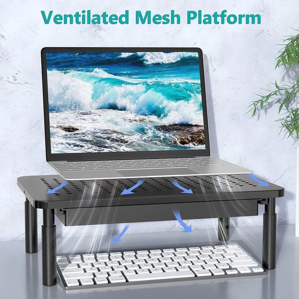 컴퓨터 모니터 서랍이있는 스토리지 랙 높이기 노트북 열 방출 홀더 데스크탑 홈 오피스 키보드 주최자 선반