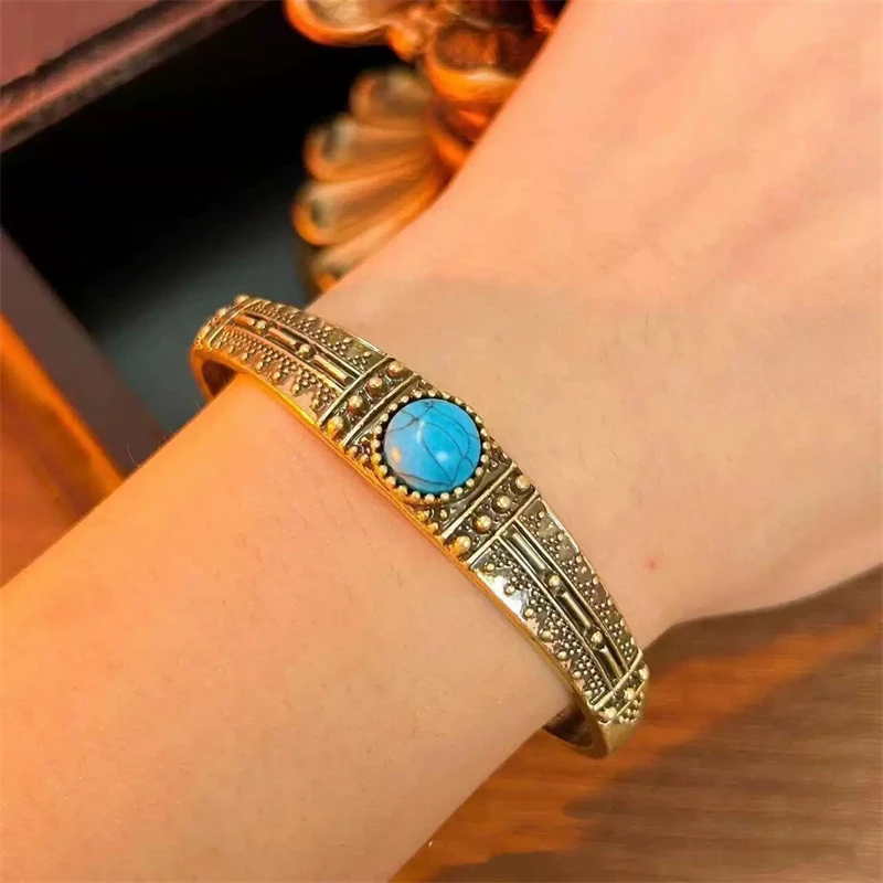 European and American Ethnic Turquoise Adjustable Bracelet for Women Fashion Stainless Steel Bracelet Jewelry Accessories Gift