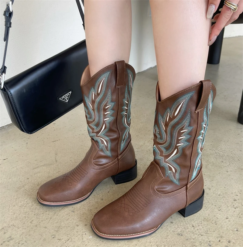 

Winter Sewing Riding Equestrian Western Women's Boots Mid-Calf Cowboy Square Heel Zipper Casual Embroider Slip-On Female Shoes