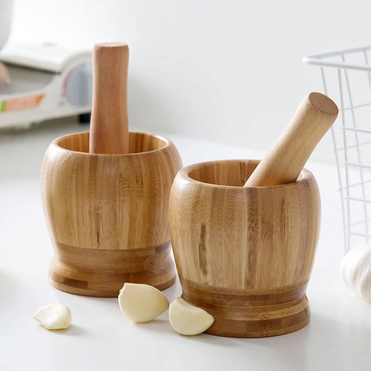 1PC Bamboo Garlic Crusher Home Use Garlic Paste Maker Mortar Pestle Medicine Grinding Tool Garlic Peeler Kitchen Tool