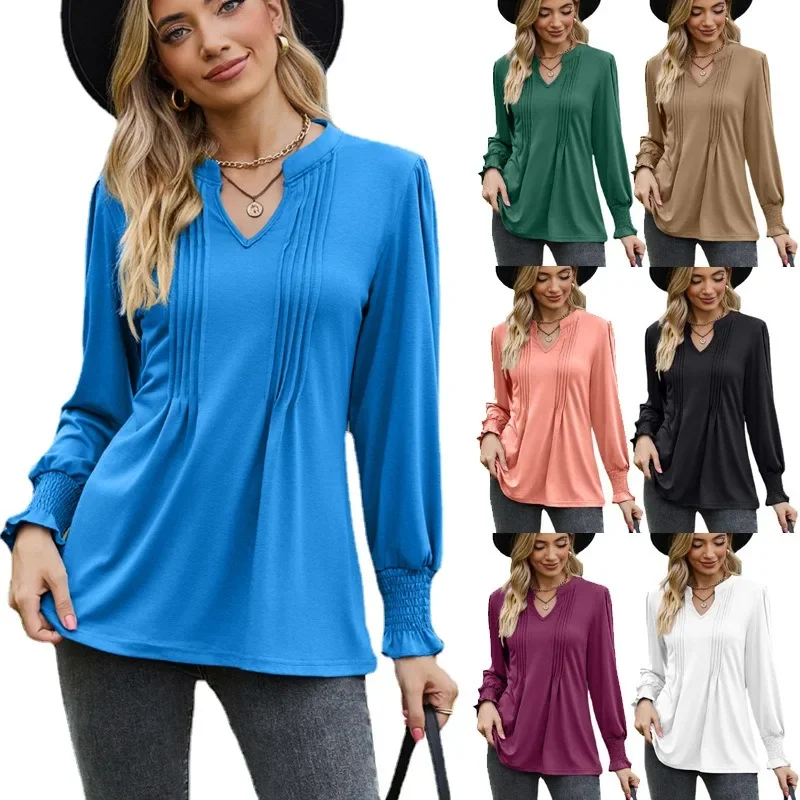 

Autumn Loose Tshirt Women V-neck Long Sleeve Shirt Women Casual Shirt Korean Office Lady T-shirt Long Sleeve Top Elegant 28655