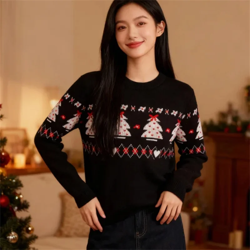 

2026 Spring New Arrival Christmas Tree Print Knit Sweater - Chic Black Office to Party Pullover for Women