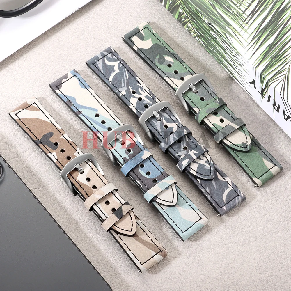 Camouflage Leather Watch Strap 20mm 22mm Blue Green Black Khaki Wristband Universal Fashion Watch Band Quick Release Bracelets