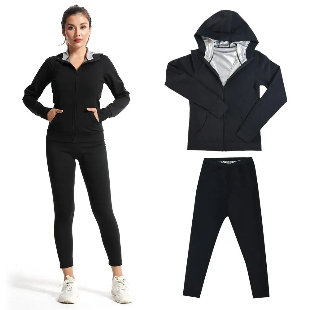 Sauna Shirt Women Weight Loss Sweat Suits Workout Jacket Sleeve Front With Black Nylon Elastic Long Hood Tops Zipper Shaper L5N2