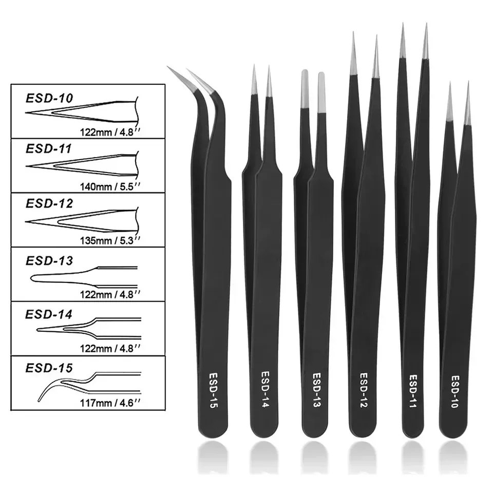 6 Pcs Precision Tweezers Set Anti-Static ESD Tweezer Stainless Steel Repair Tools For Electronics Soldering Model Jewelry Makin