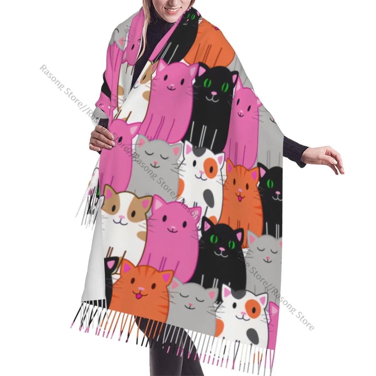 

Зимний шарф с кисточками, забавные мультяшные кошки, женские кашемировые шарфы, теплая пашмина, женская шаль, бандана