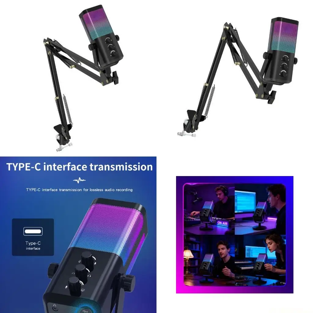 

E56B Цветной игровой USB-конденсаторный микрофон с режимами динамического освещения, шумоподавлением для потоковой передачи ПК,