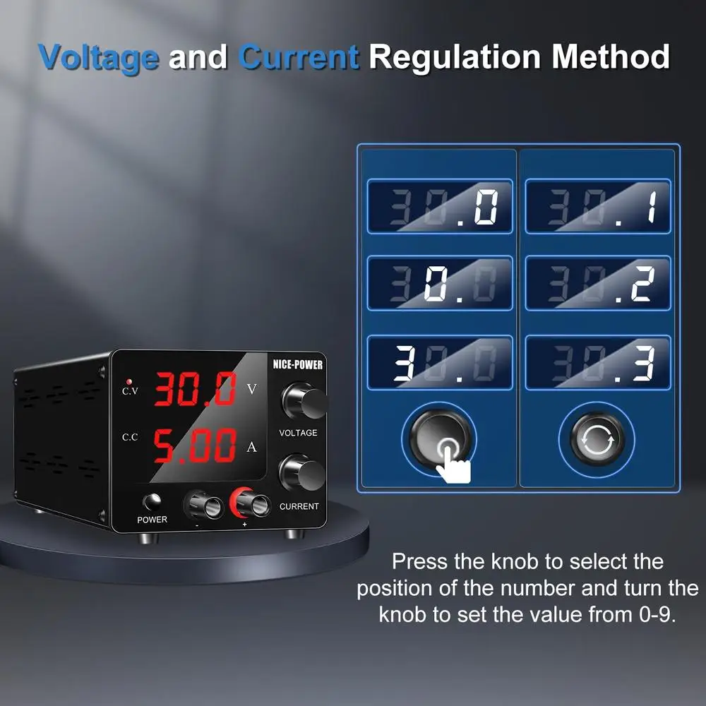 Adjustable 30V 5A DC Power Supply with Encoder Switch 3-Digits LED Display Compact and Reliable Mini Power Supply Lab and DIY