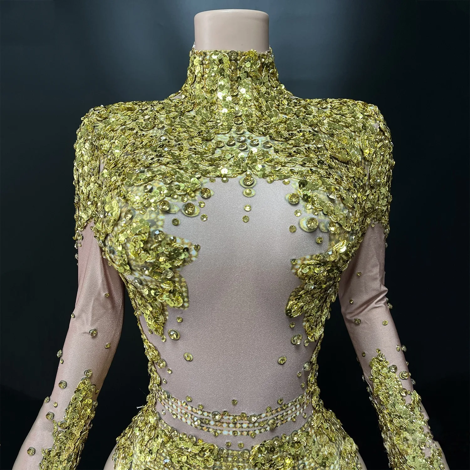 Body de LICRA de manga larga con cuentas y lentejuelas doradas para mujer, Leotardos de gimnasia rítmica brillantes, traje deportivo de baile de alta elasticidad