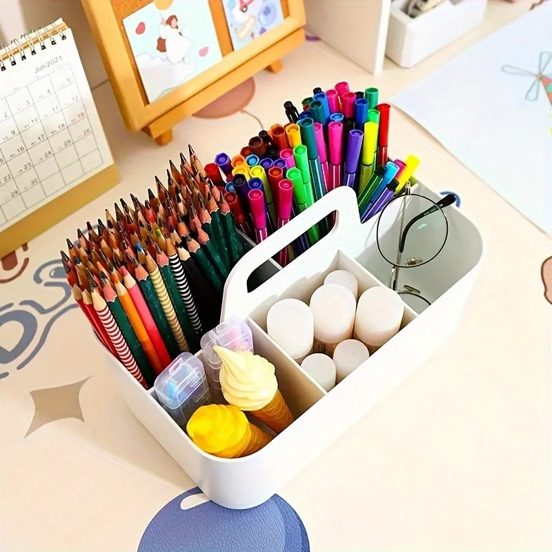 5-Compartment Plastic Storage Basket with Handle, Portable Office Desk Organizer for Pens, Pencils, Stationery, Mixed Color