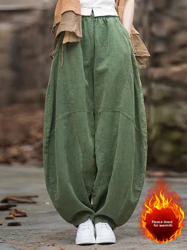 

Faionable Pure Color Blo Cotton Linen Lantern Pants plus Size Women's Winter Fce Thiened Casual Loose Wide Leg Harla...