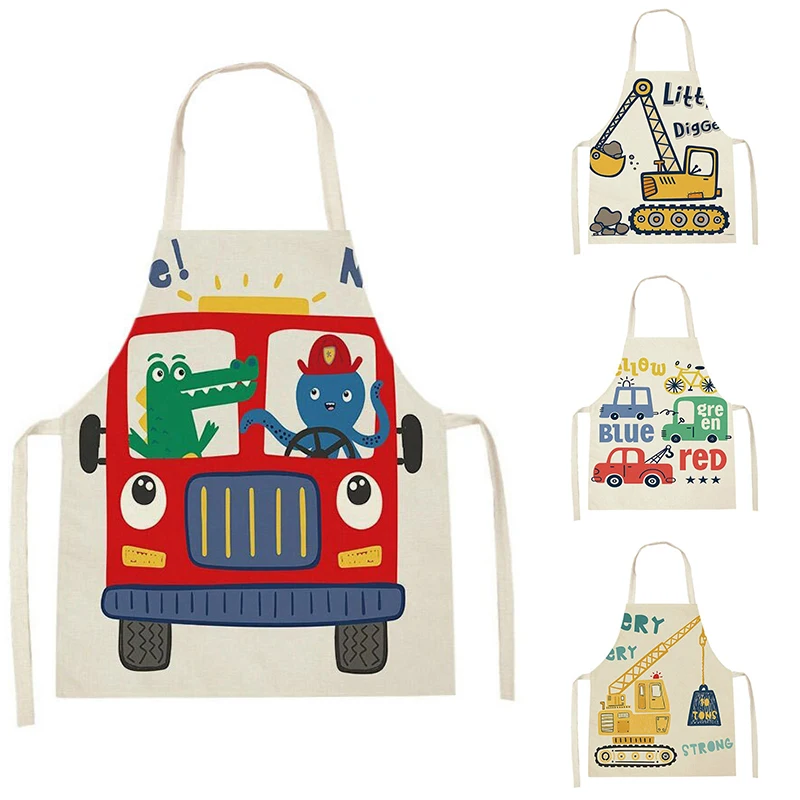 Kitchen cooking apron children's apron cartoon car crane fire truck pattern printed apron cleaning accessories