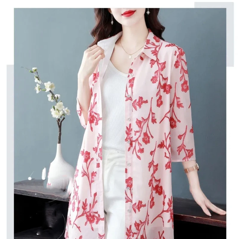 Simplicity Fashion Summer New Women's POLO Collar Printing Single Breasted Casual Loose Mid-length 3/4 Sleeve Chiffon Shirt Tops