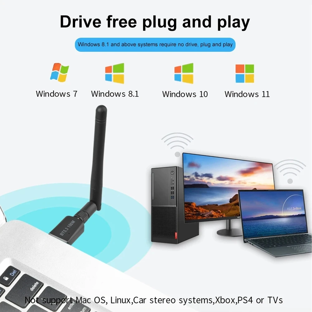 100M Bluetooth 5.3 Adapter Free Driver USB Bluetooth Dongle Adaptador for PC Windows 11/10 Mouse Keyboard Audio Receiver