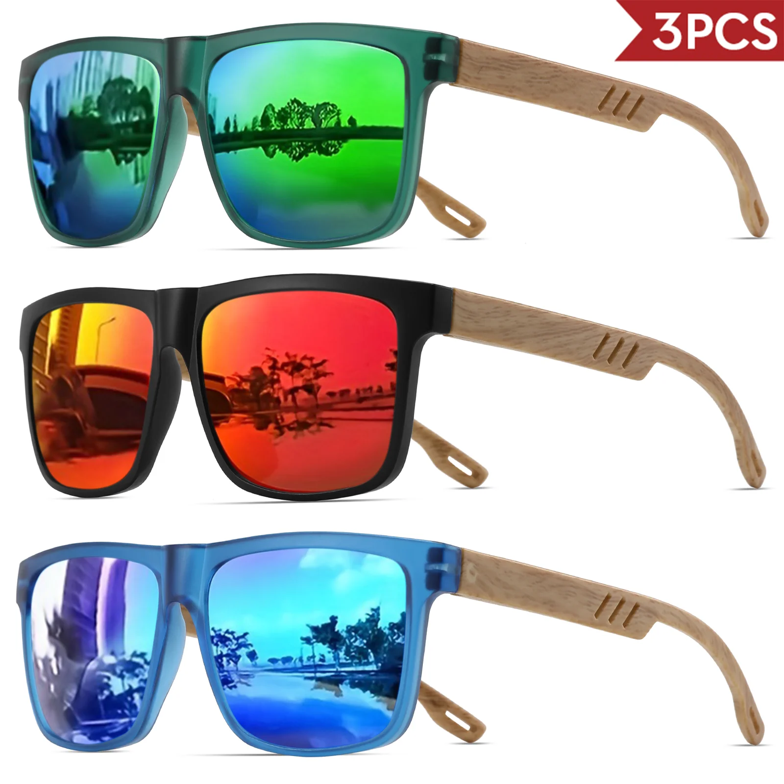 3PCS Kacamata Hitam dengan Engsel Kayu - Bingkai Persegi Retro Klasik, UV400 Unisex Nyaman Dipakai untuk Kegunaan Sehari-hari Kasual