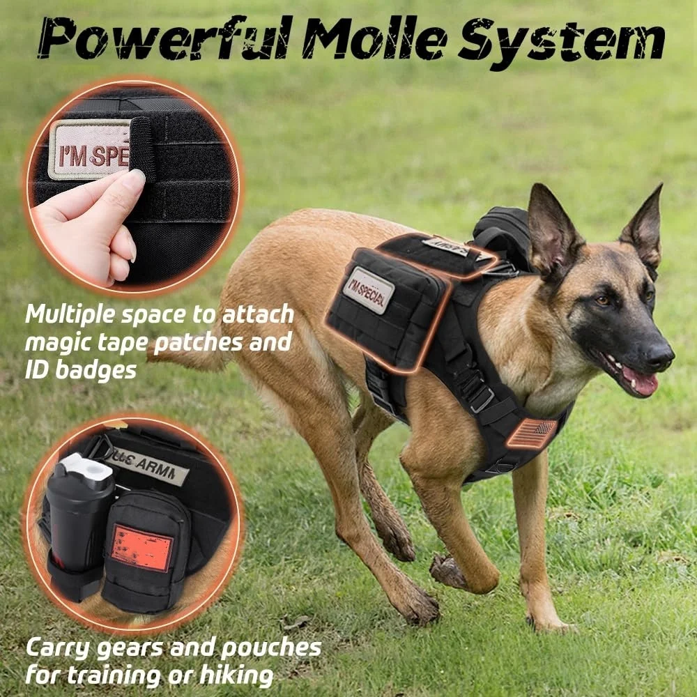 Tactical Dog Harness, Adjustable No-Pull Handle Service Vest Heavy Duty Pet Large Breed, Dog Vest for Training Hunting Walking