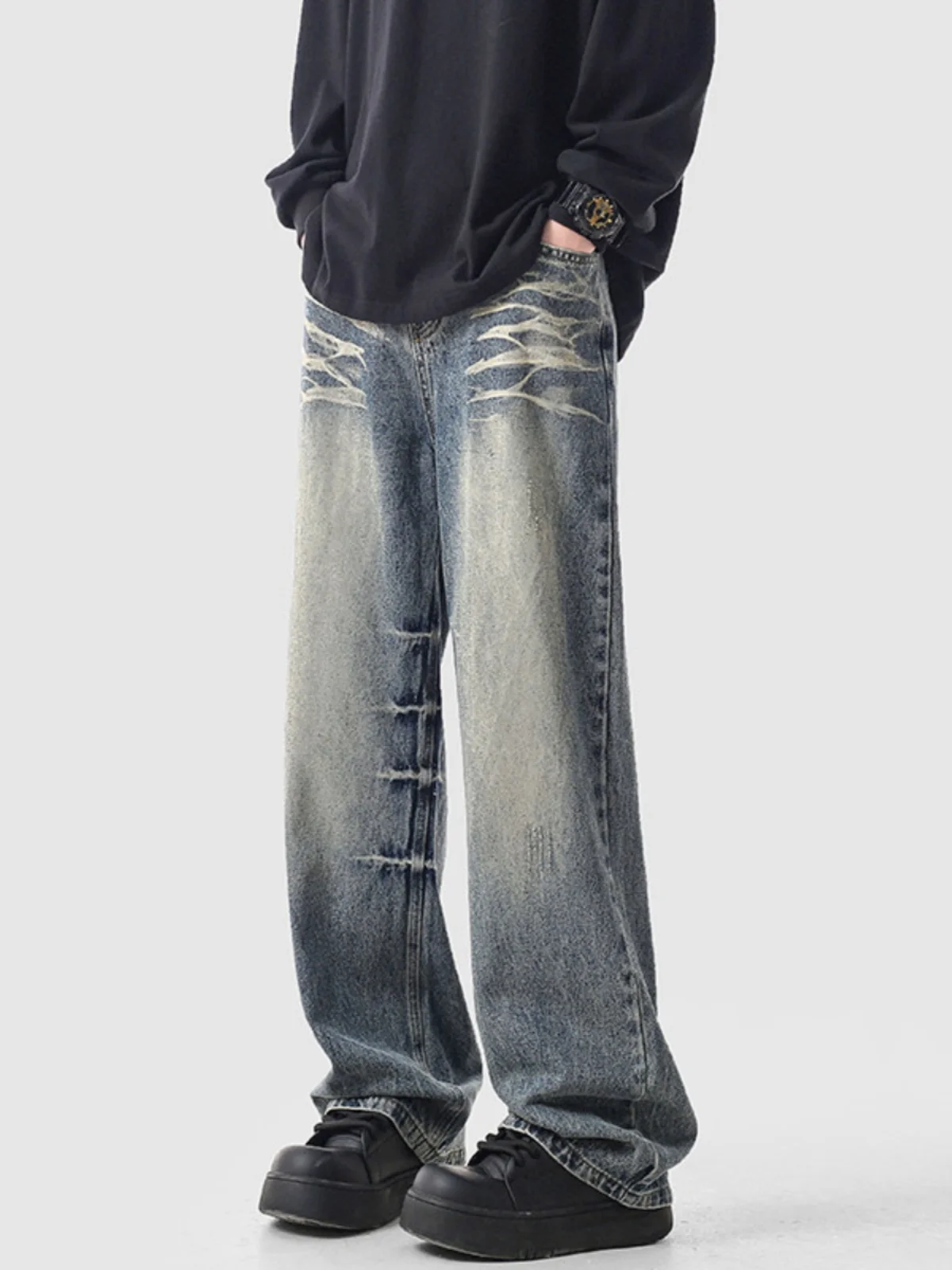 

American Heavyweight Washed Jeans Men's High Street Straight Leg Pants Trendy Brand Spring Autumn Loose Wide Leg Trousers