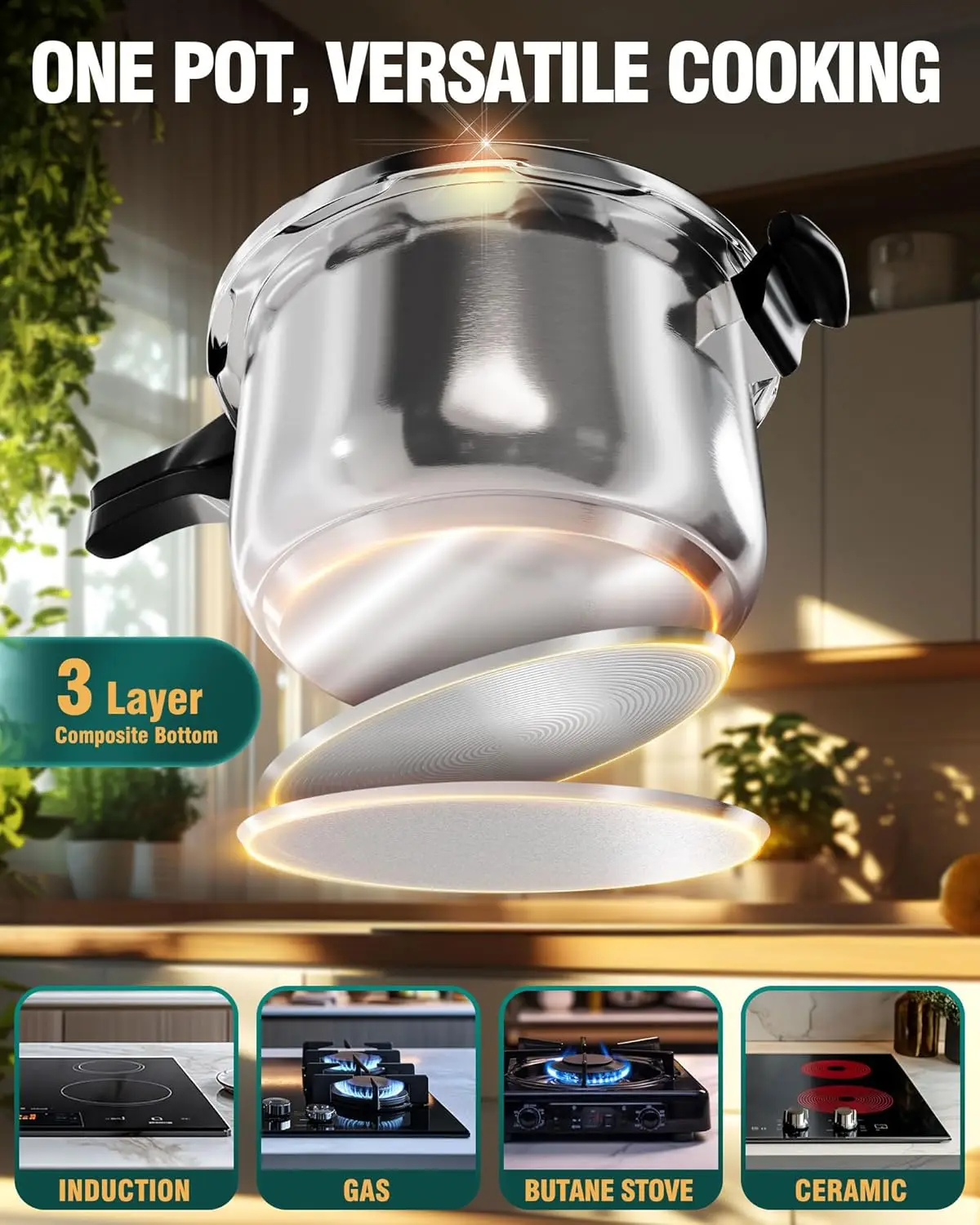 WantJoin طنجرة ضغط من الفولاذ المقاوم للصدأ سعة 6.5-14 لتر، مجهزة بأجهزة حماية صمام الزنبرك، متوافقة مع الغاز والحث