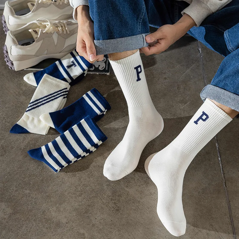 Men\'s Pure Cotton Middle Tube Socks with Letter Striped Winter Socks Fashion Blue White Socks