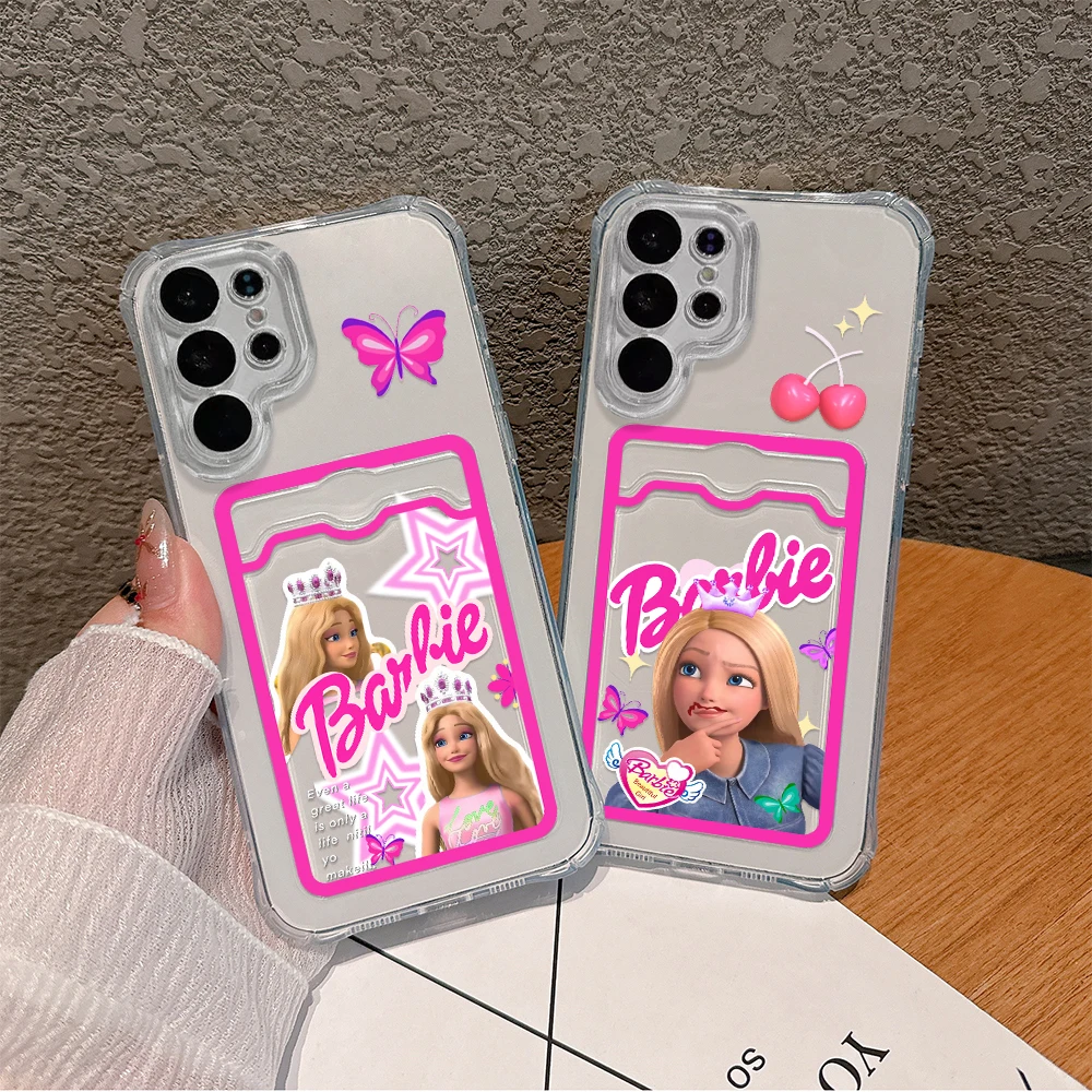 Cartoon B-Barbies Princess Card Hold Phone Case for Samsung S24 S23 S22 S21 S20 FE Plus Ultra M33 M54 5G Anti-fall Clear Cover