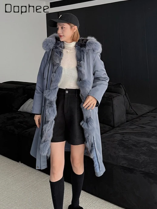 

Korean Chic Trendy Parka Women Fox Fur Fur Patchwork Mid-Length Coat Detachable Winter Luxury Thickened Stuffed Fur Coats